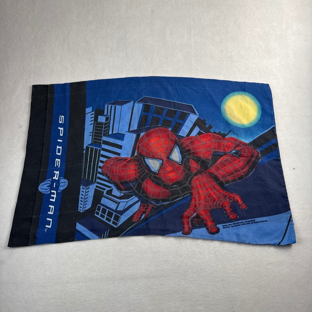 Vintage 2002 Spider-Man Movie Pillowcase Marvel Comics Cityscape Blue Red Y2K